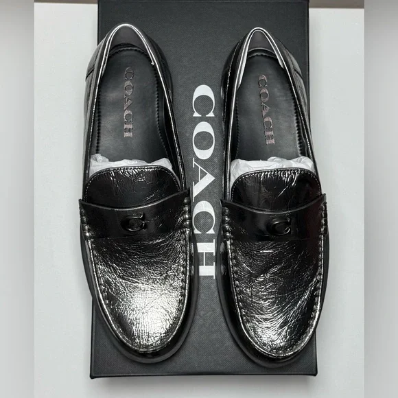 Coach NIB Metallic Silver Anthracite Jocelyn Crinkle Loafers - Picture 12 of 14